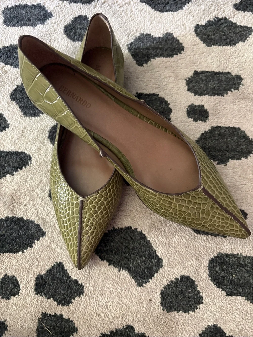 Bernardo Olive Croc-Embossed Pointed Toe Flats
